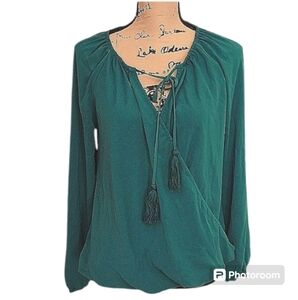 Naked Zebra Faux Wrap Green Blouse Size Small